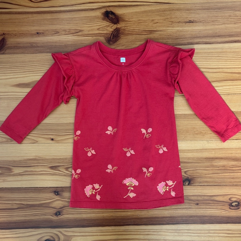 EUC Tea Collection Red Long Sleeve Dress with Floral Design 3T